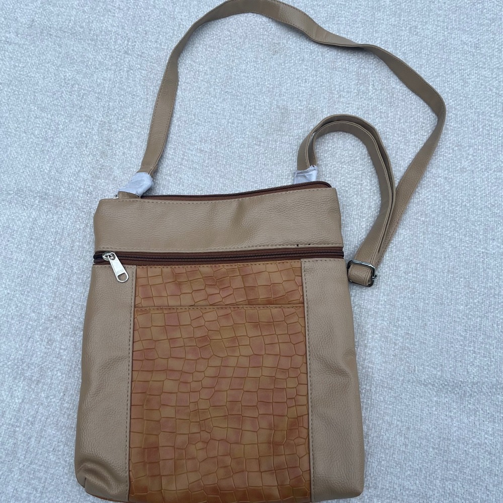 Sun Faux Leather Crossbody Bag Tan Brown Croc Embossed Multi Zip Pocket Travel